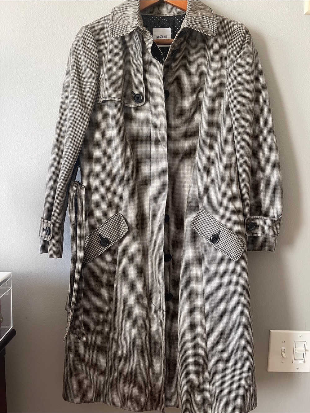 Moschino Italy Black and Cream Houndstooth Trench Coat